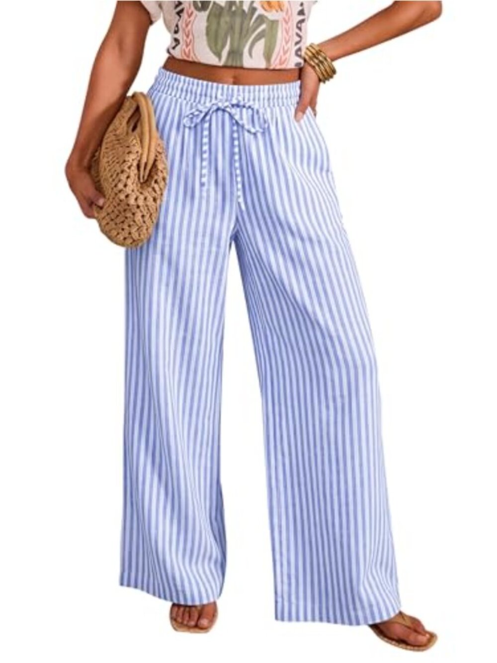 Cotton Striped Wide Leg Pants High Waist Palazzo Lounge Trousers